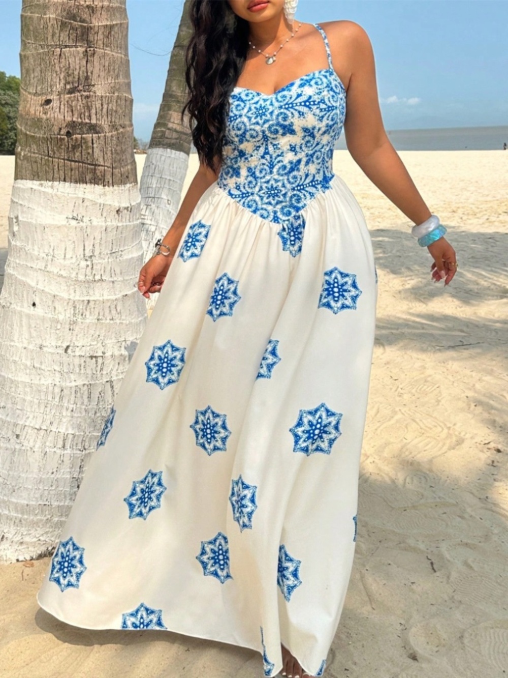 Boho Beige Random Print Midi Dress